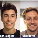 FC Barcelona midfielder Ivan Rakitic in conversation with Catalan MOTOGP Driver Marc Marquez